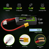 Lot de 4 batteries Lipo OVONIC 2S 300 mAh 2S1P 100 C 7,6 V LiHV avec prise XT30 pour drone FPV sans balais Tinywhoop 60 mm-130 mm